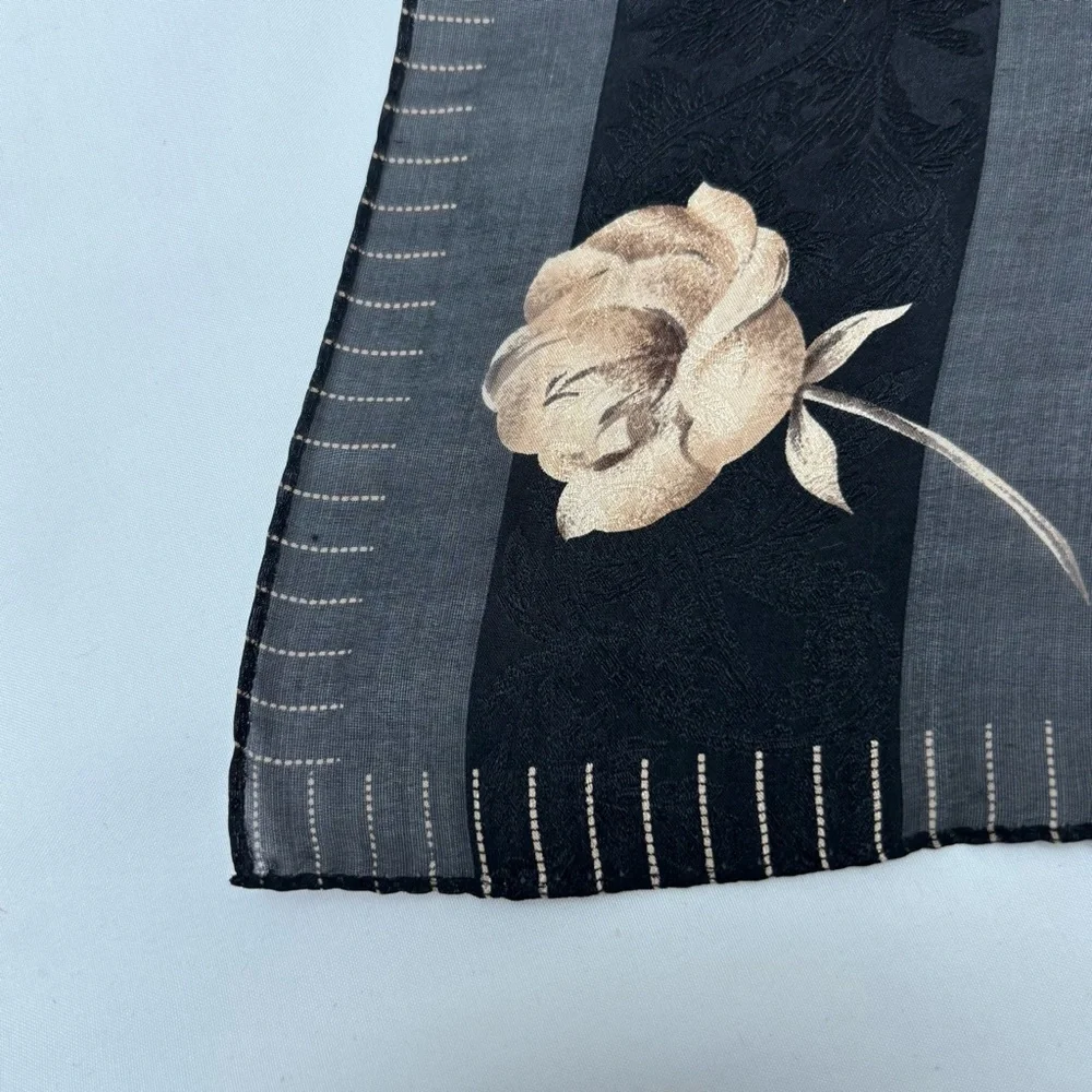 Vintage 100% Silk Black and Tan Floral Scarf